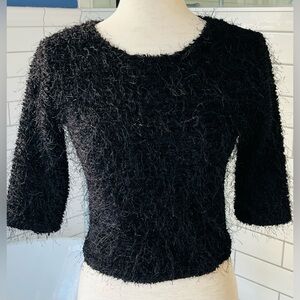 Elegant Black Fuzzy Crew Neck Sweater